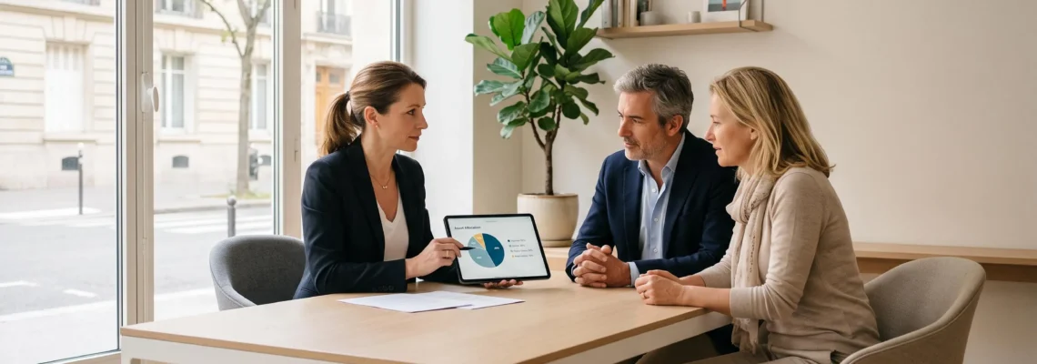 Conseillère en gestion de patrimoine assise face à un couple dans un bureau moderne lumineux, montrant un graphique de répartition d'actifs sur une tablette numérique, ambiance de conseil personnalisé et professionnel.