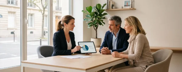 Conseillère en gestion de patrimoine assise face à un couple dans un bureau moderne lumineux, montrant un graphique de répartition d'actifs sur une tablette numérique, ambiance de conseil personnalisé et professionnel.