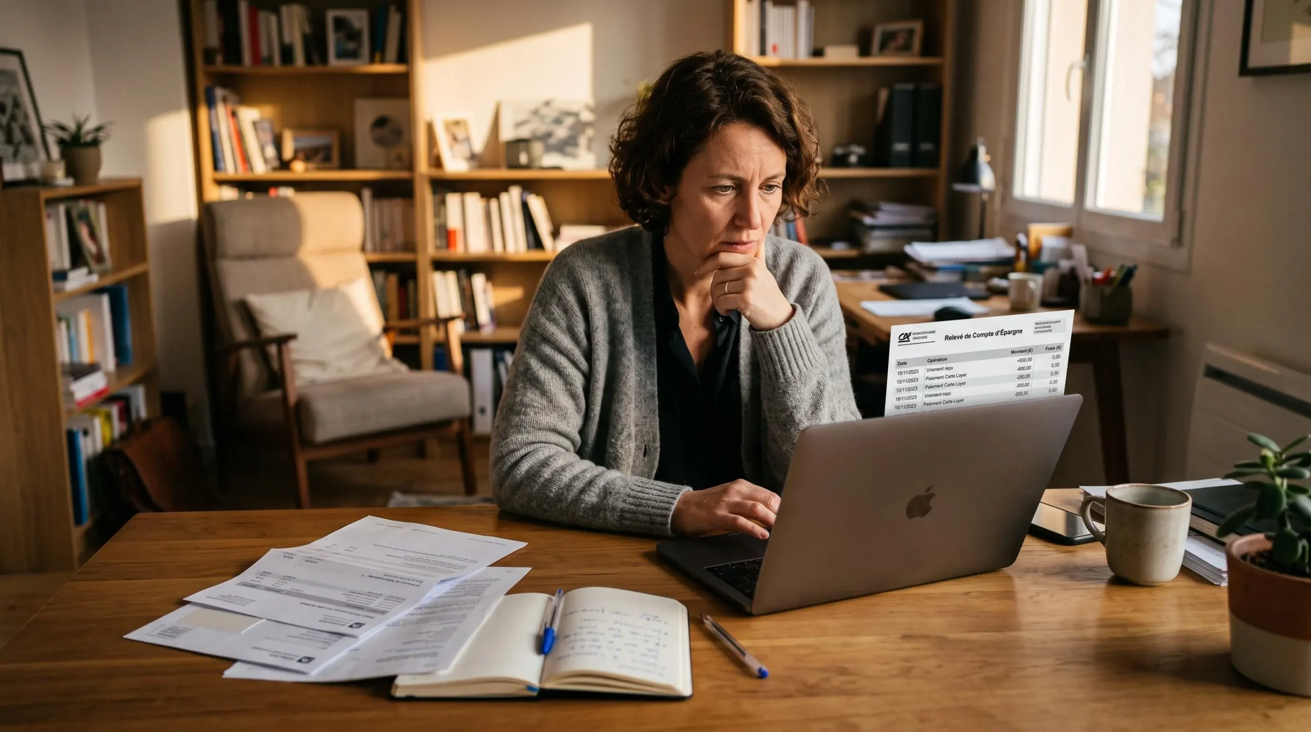 Personne seule à un bureau à domicile, concentrée sur un écran d'ordinateur affichant un relevé de compte épargne, documents papier éparpillés, lumière naturelle de fin de journée, expression de perplexité.