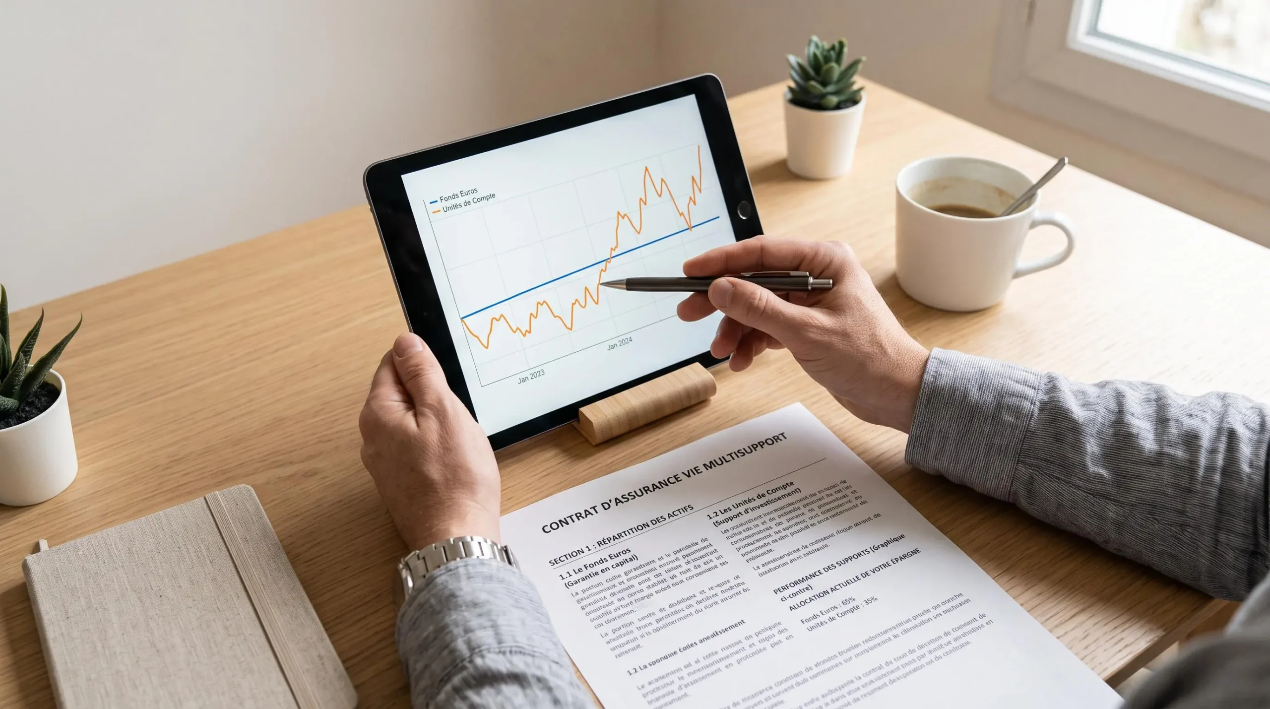Vue de dessus d'une table de bureau avec un contrat d'assurance vie ouvert et une tablette affichant un graphique de performance comparant fonds euros et unités de compte, mains pointant le graphique.