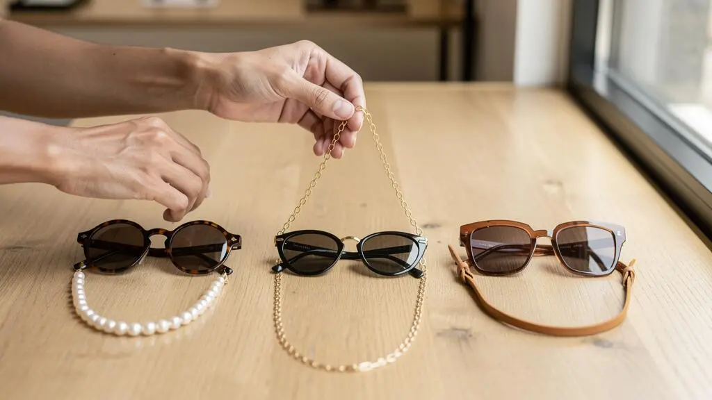 Des mains comparent trois chaînes à lunettes de matières différentes sur une table en bois.