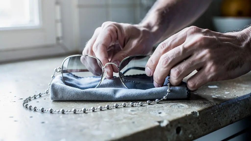 Un homme nettoie ses lunettes de soleil retenues par une chaîne perlée sur un plan de travail.
